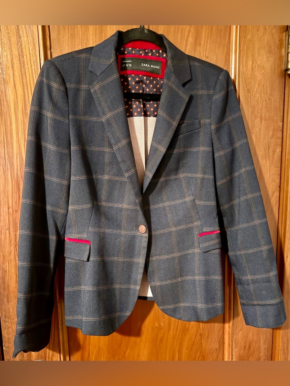 Zara Basic Academia Navy Blue Plaid Red Elbow Patches Blazer Riding Jacket M
